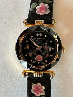 Quemex VIP Black Floral Watch with Gold Accents